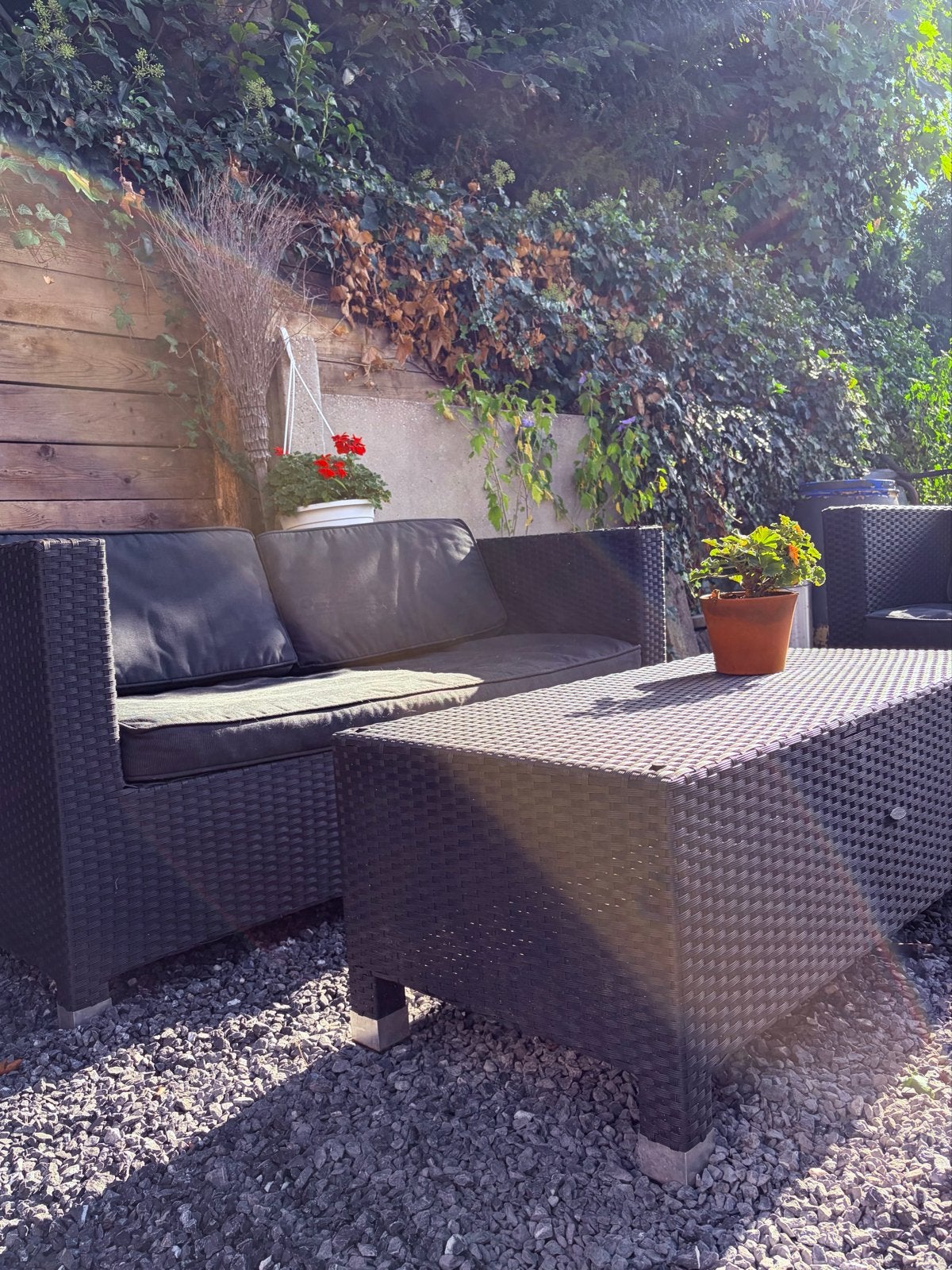 Loungeset met glazen plaat en gebruikssporen, Ophalen, 4 zitplaatsen, Gebruikt, Bank
