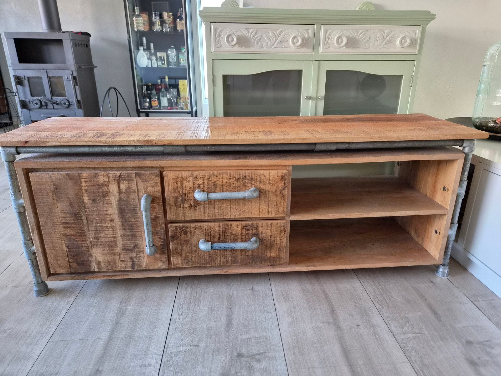 Industrieel kastje 149x40x52 cm - Mangohout en Metaal, Gebruikt, 100 tot 150 cm, Minder dan 100 cm, Industrieel