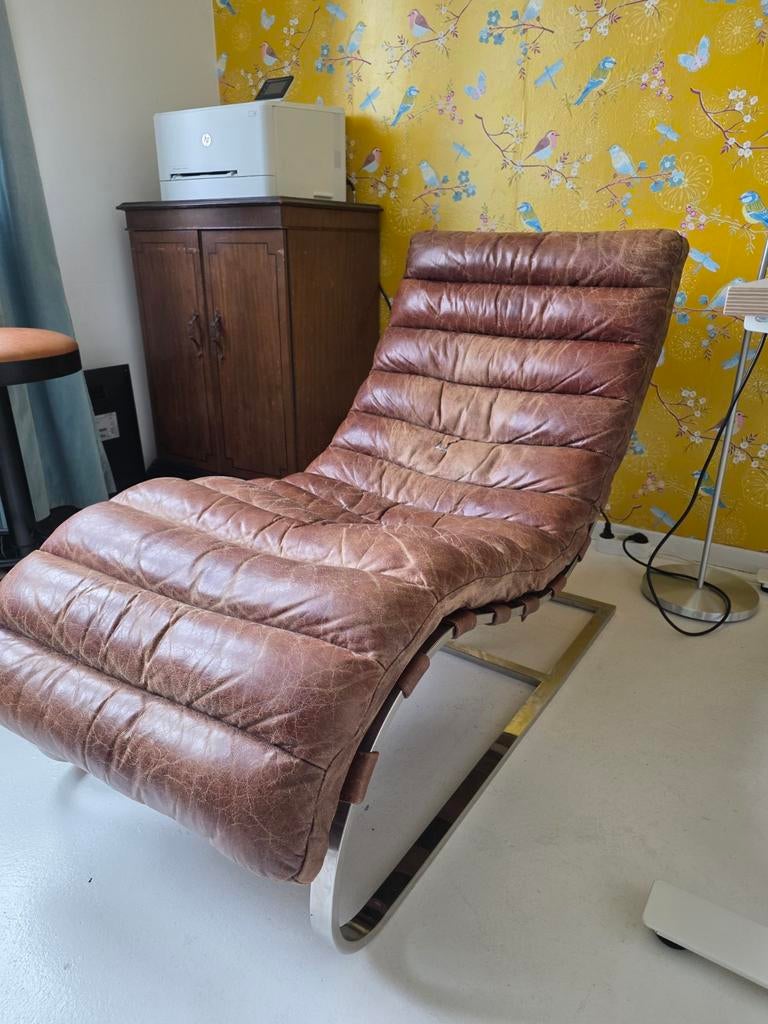 Leren Chaise Longue - Vintage Stijl, Huis en Inrichting, Fauteuils, Gebruikt, 75 tot 100 cm, 150 cm of meer, Leer