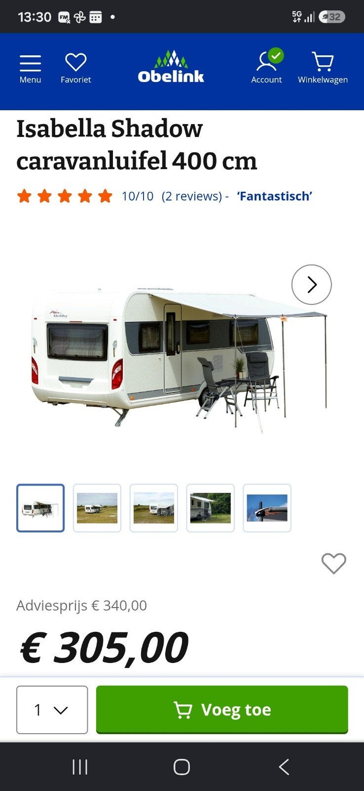 Isabella Shadow caravanluifel 400 cm, Ophalen of Verzenden, Zo goed als nieuw