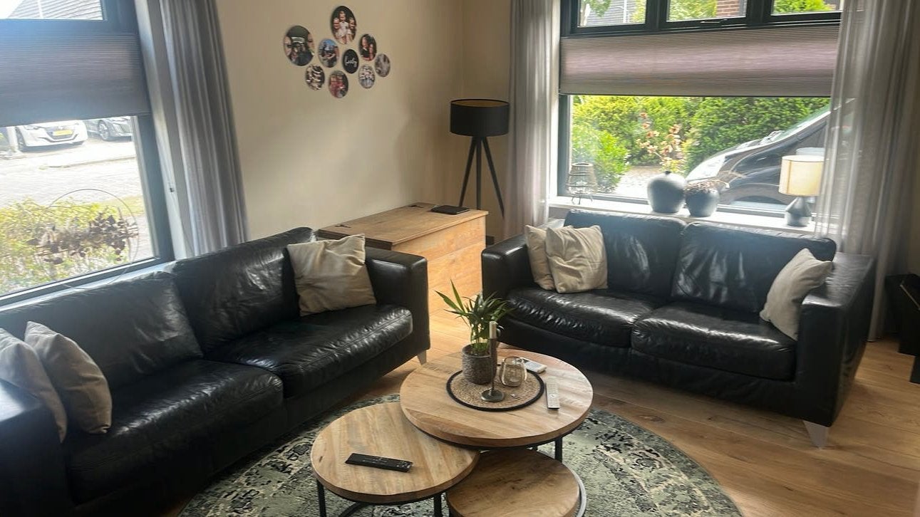 Zwart leren Machalke bankstel, Ophalen, Gebruikt, Hout, Strak