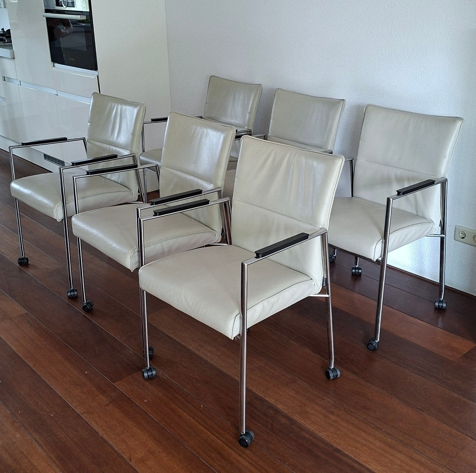 6 Topform design eetkamerstoelen - RVS frame, crème leer, Ophalen, Gebruikt, Overige kleuren, Leer