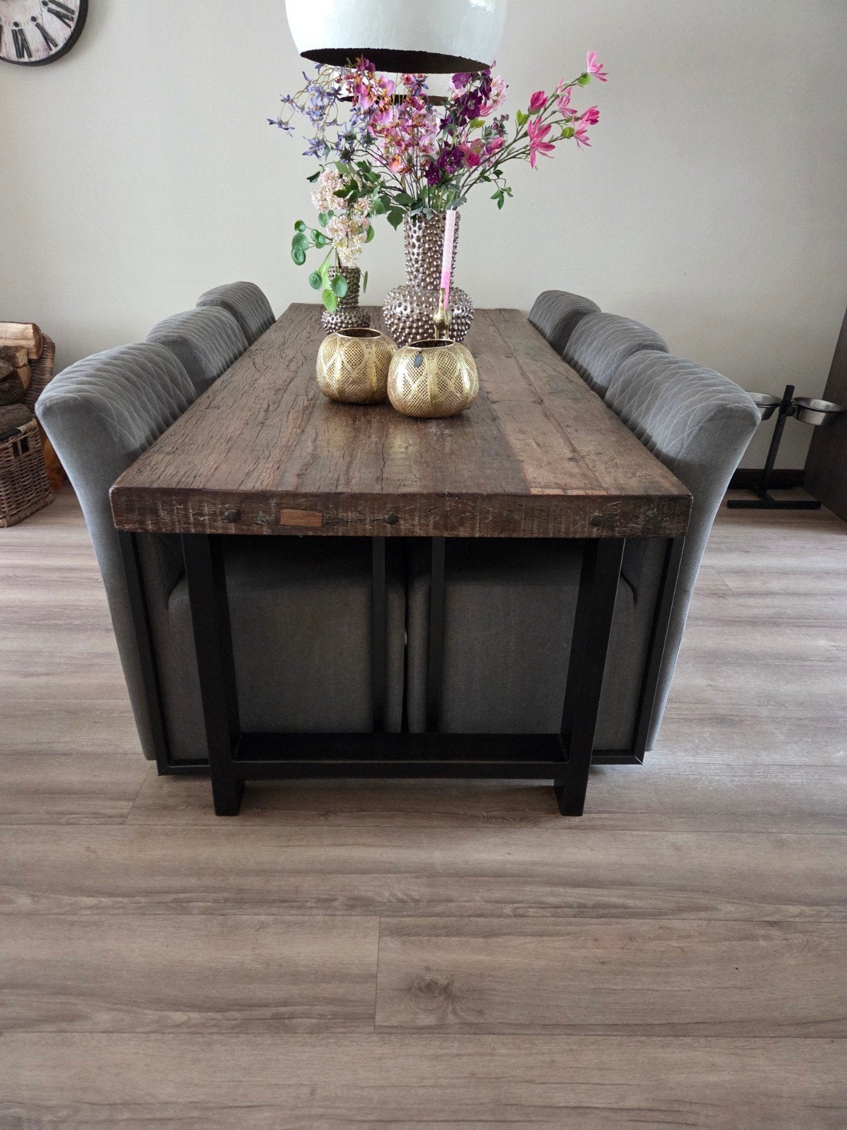 6 landelijke eetkamerstoelen met wieltjes, 4x armleuning, Huis en Inrichting, Ophalen of Verzenden, Grijs, Vijf, Zes of meer stoelen