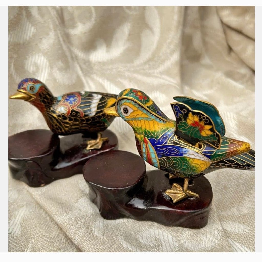 2 x cloisonne chinese vintage vogels op voet emaille, Ophalen of Verzenden