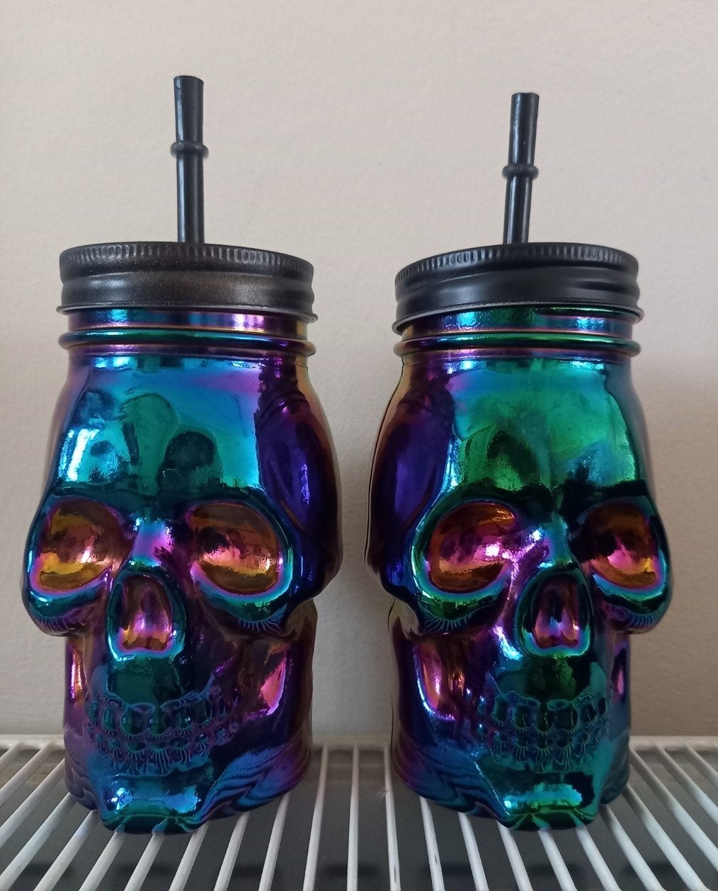 2x Skull Bekers met rietje - Regenboog Glans - 500ml, Ophalen of Verzenden, Nieuw