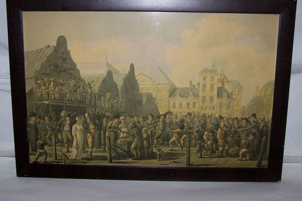 Antieke prent van een levendige marktscène. Izgs, Antiek en Kunst, Kunst | Tekeningen en Foto's, Ophalen of Verzenden, Overige typen