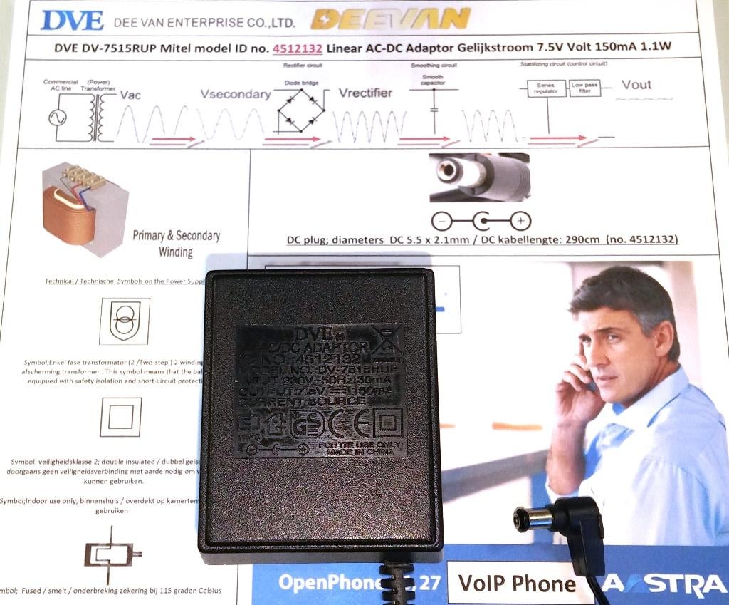 DVE DV-7515RUP 7.5V 0.15A Adapter OpenPhone 26 27 Aastra 142, Ophalen of Verzenden, Zo goed als nieuw, Toebehoren