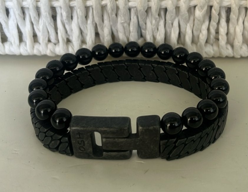 Josh dubbele armband kraal vintage stalen band, Ophalen of Verzenden, Nieuw, Zwart, Staal