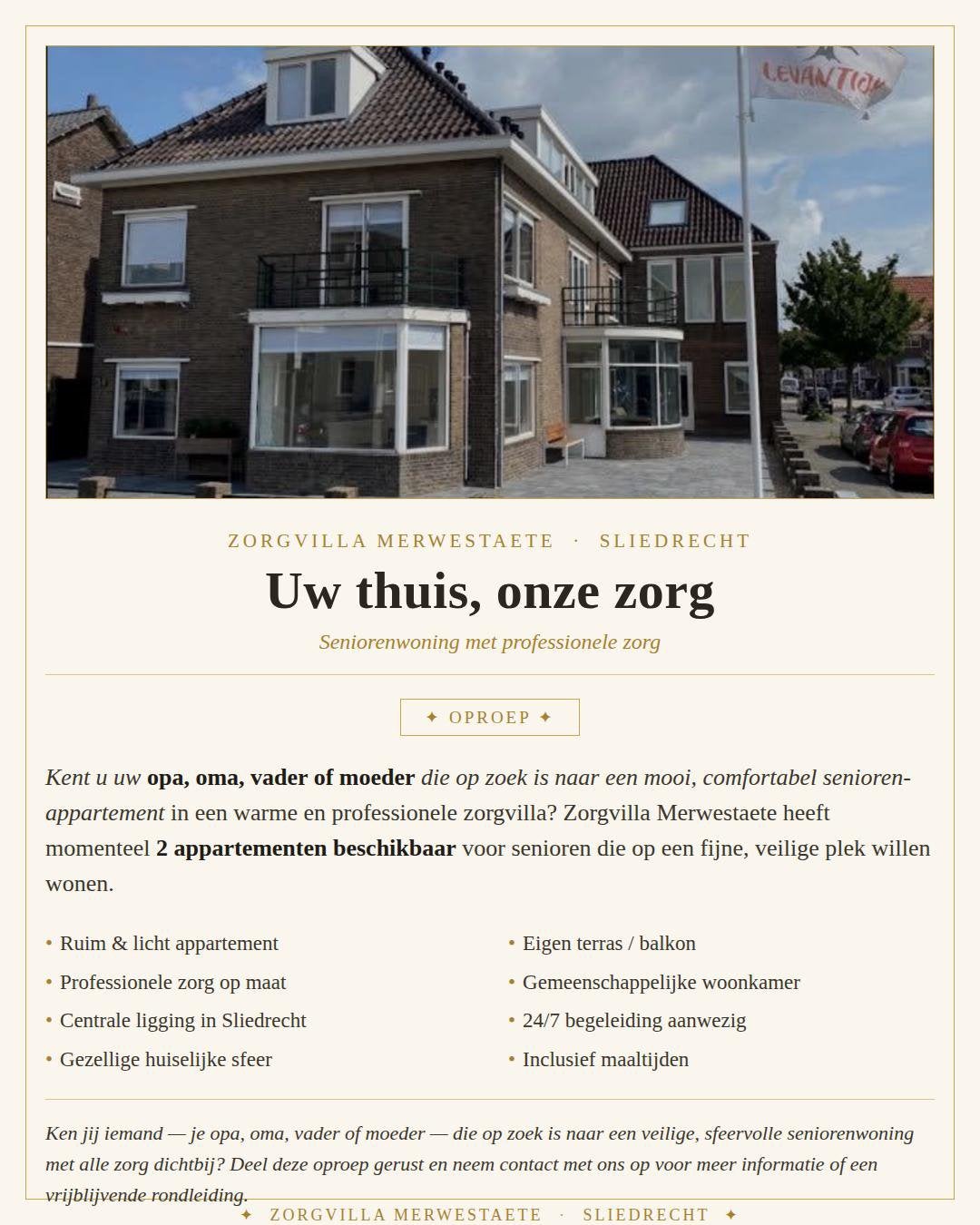 Seniorenappartement met professionele zorg – Sliedrecht