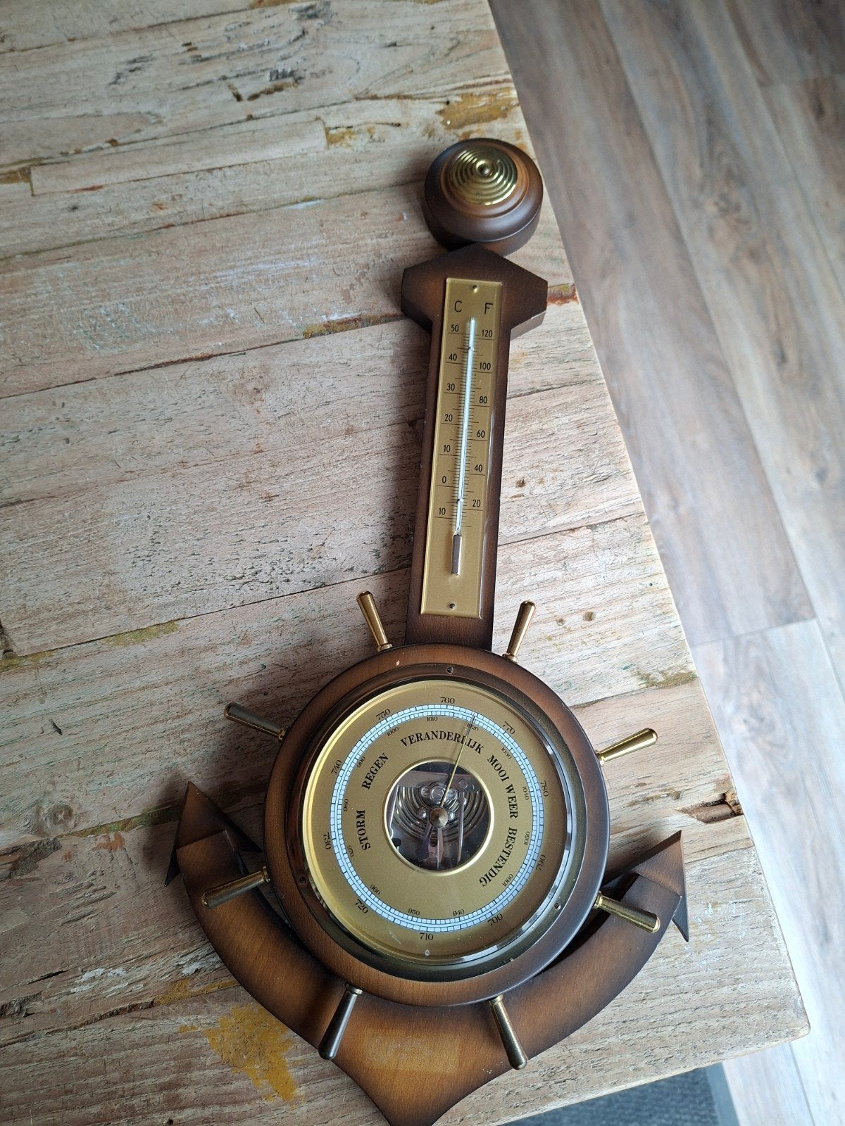 Vintage Barometer Weerstation Anker Hout Messing, Ophalen of Verzenden, Gebruikt, Weerstation