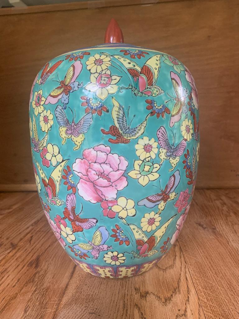 Grote kleurrijke Aziatische gemberpot met deksel – 34 cm, Antiek en Kunst, Antiek | Keramiek en Aardewerk, Ophalen of Verzenden