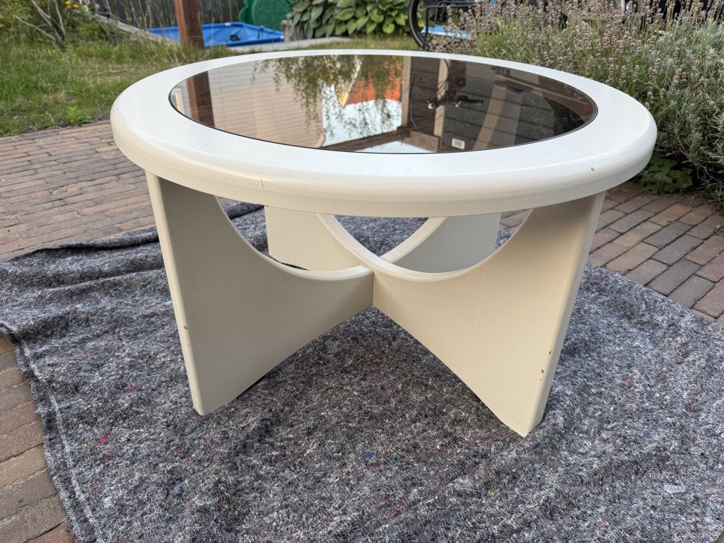 Vintage Space Age salontafel – jaren 60/70 – rookglas, Ophalen, Gebruikt, 50 tot 100 cm, Rond