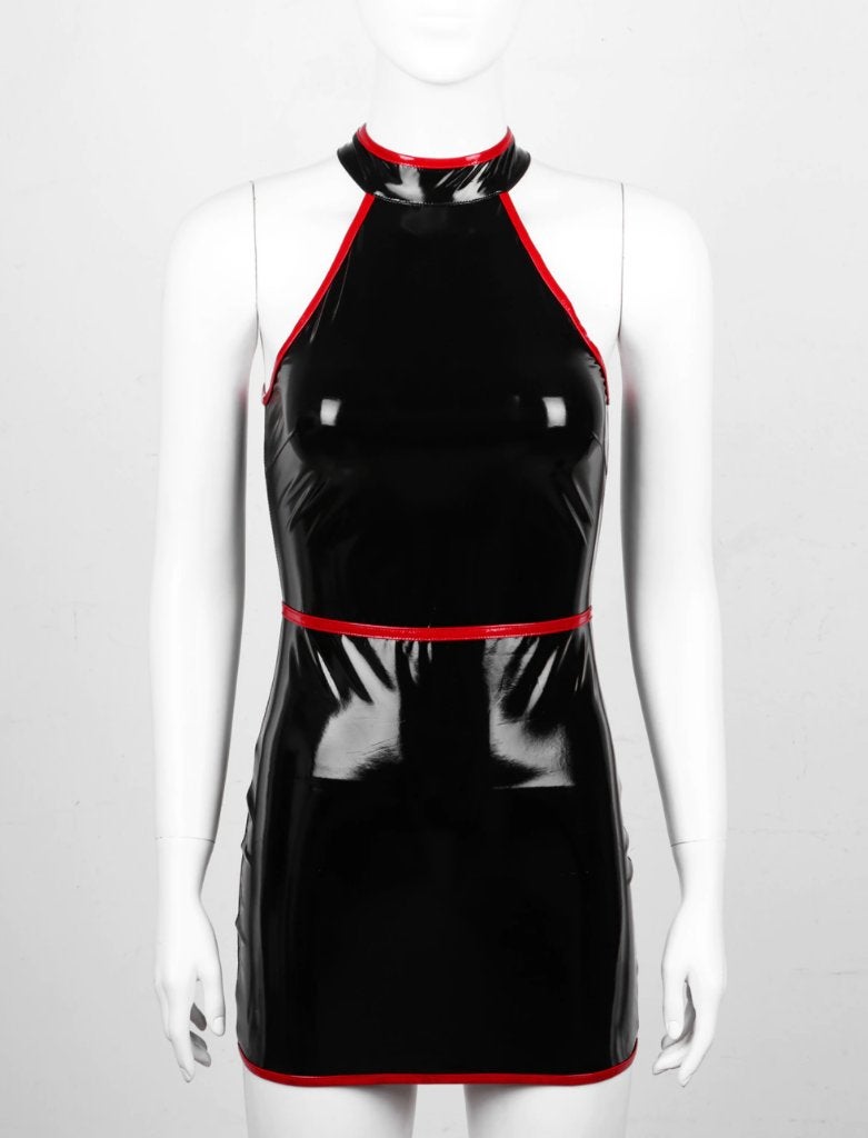 Zwarte rode wetlook jurk jurkje lak leer lakleer sexy, Verzenden, Nieuw, Meerkleurig, Boven de knie