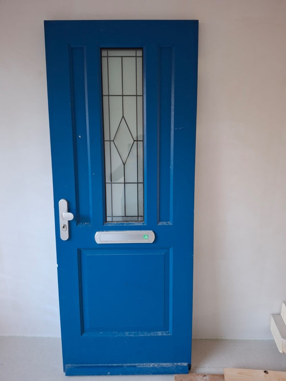 Blauwe hard houten voor / buitendeur met Glas - 211,5 x 83 c, Gebruikt, Ophalen of Verzenden, 200 tot 215 cm, Glas