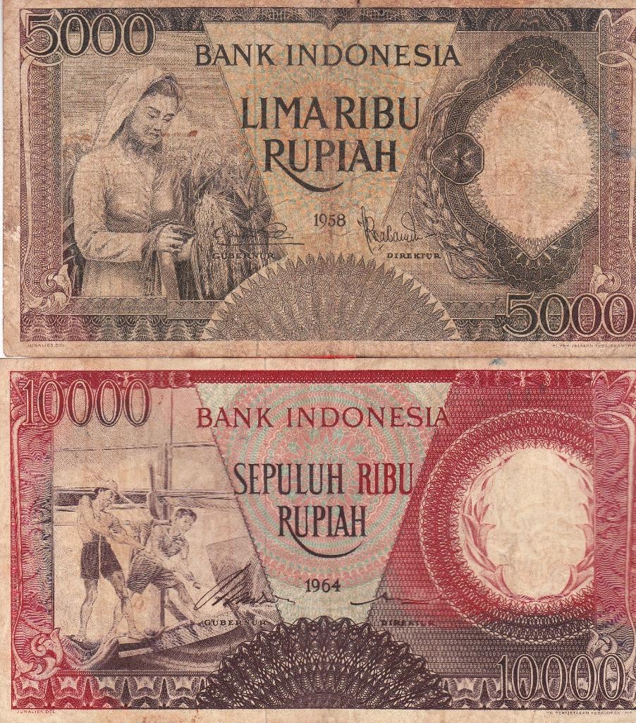 BANK  INDONESIA  10000 RUPIAH -1964  en  5000 RUPIAH - 1958, Ophalen of Verzenden