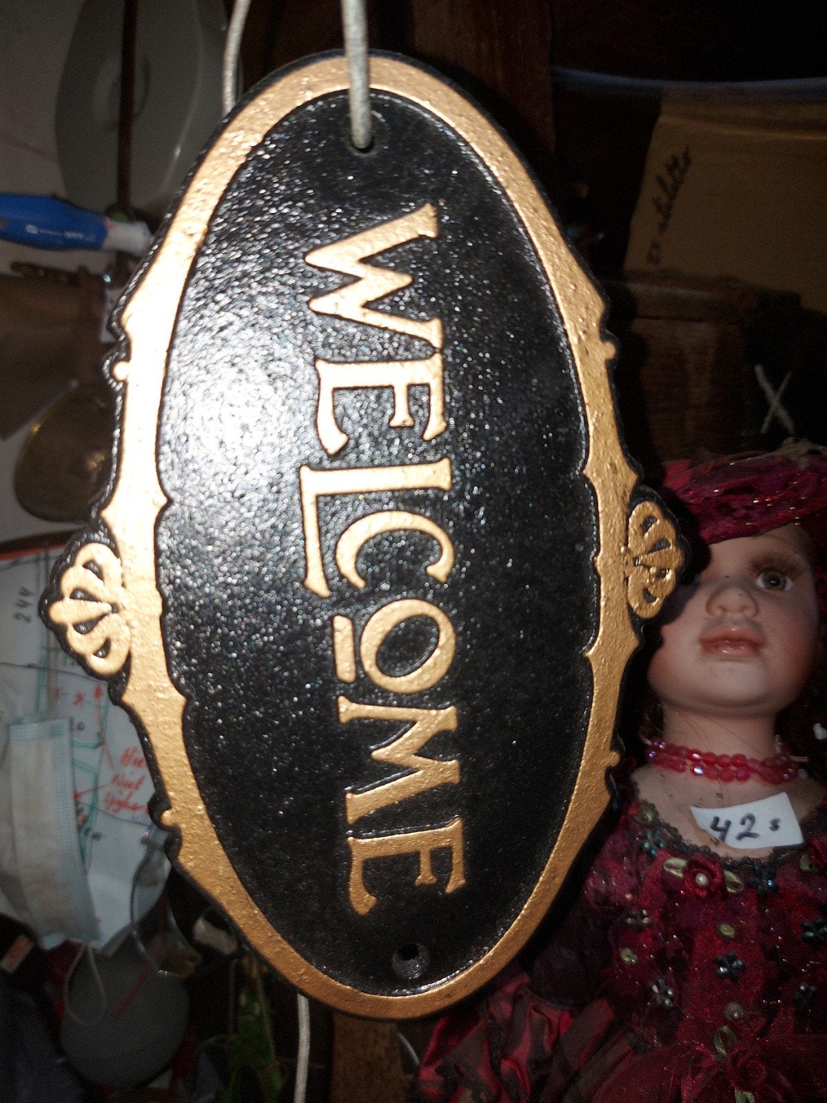 plaat gietijzer WELCOME 21x 14x 0,7 cm prachtig zeldzaam, Ophalen of Verzenden, Reclamebord