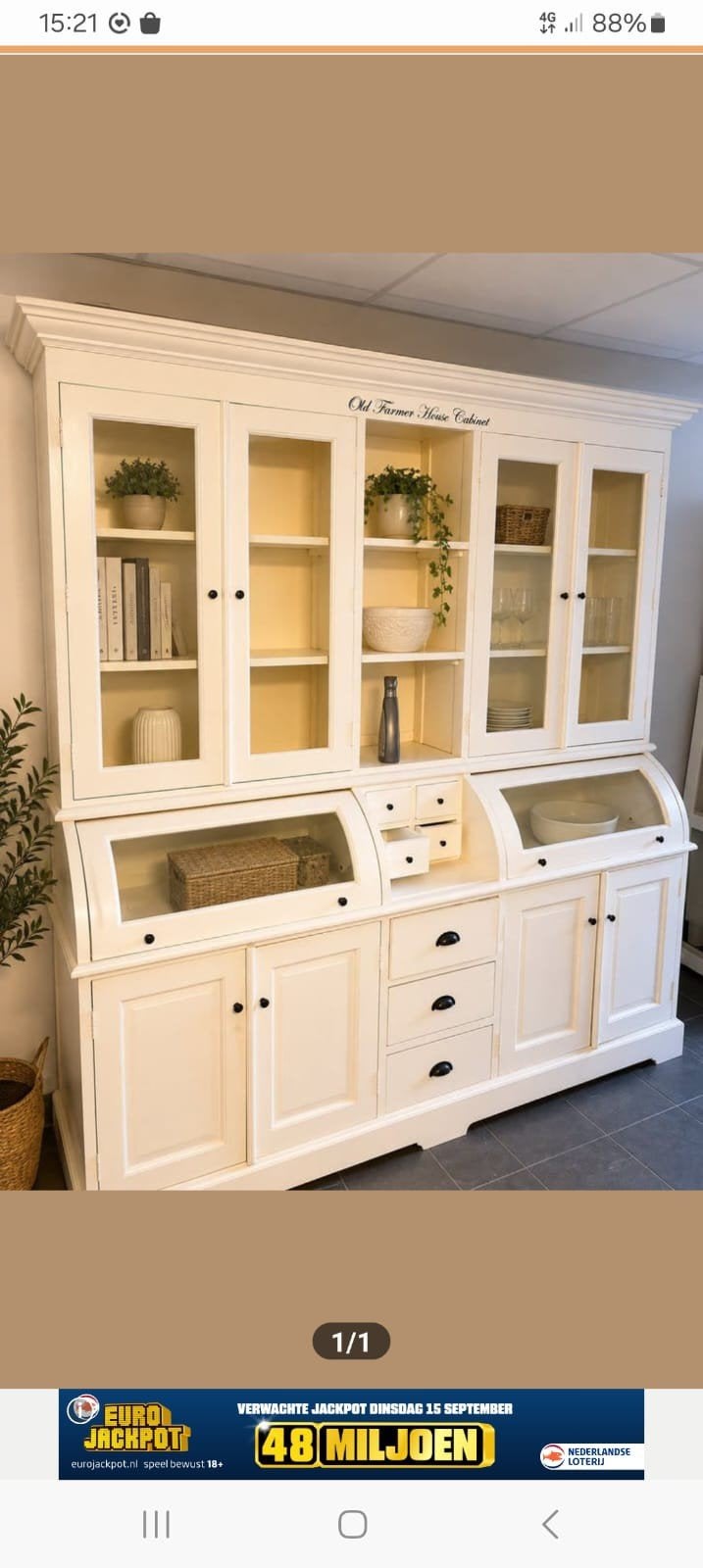 Old Farmer House Cabinet - Landelijke Vitrinekast, Huis en Inrichting, Ophalen, Gebruikt, 200 cm of meer, Overige houtsoorten