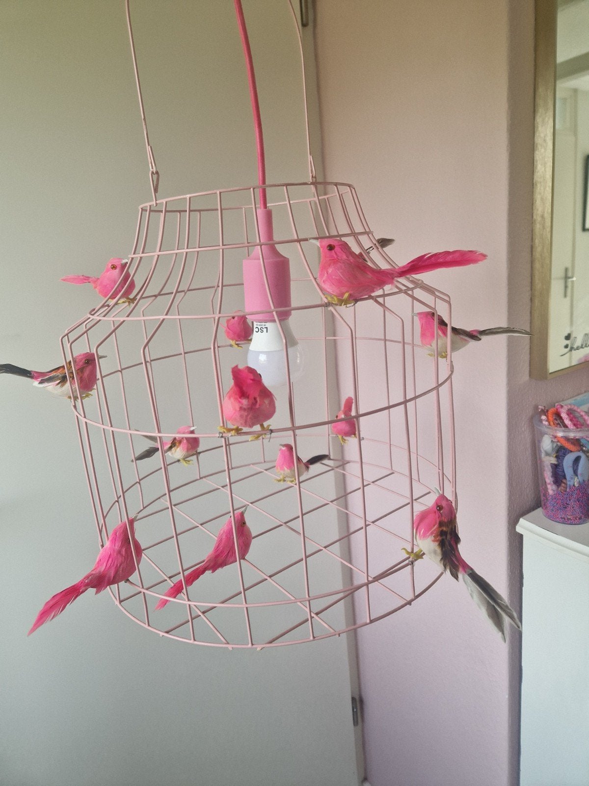 super leuke roze hanglamp met vogeltjes, Ophalen, Zo goed als nieuw, Lamp