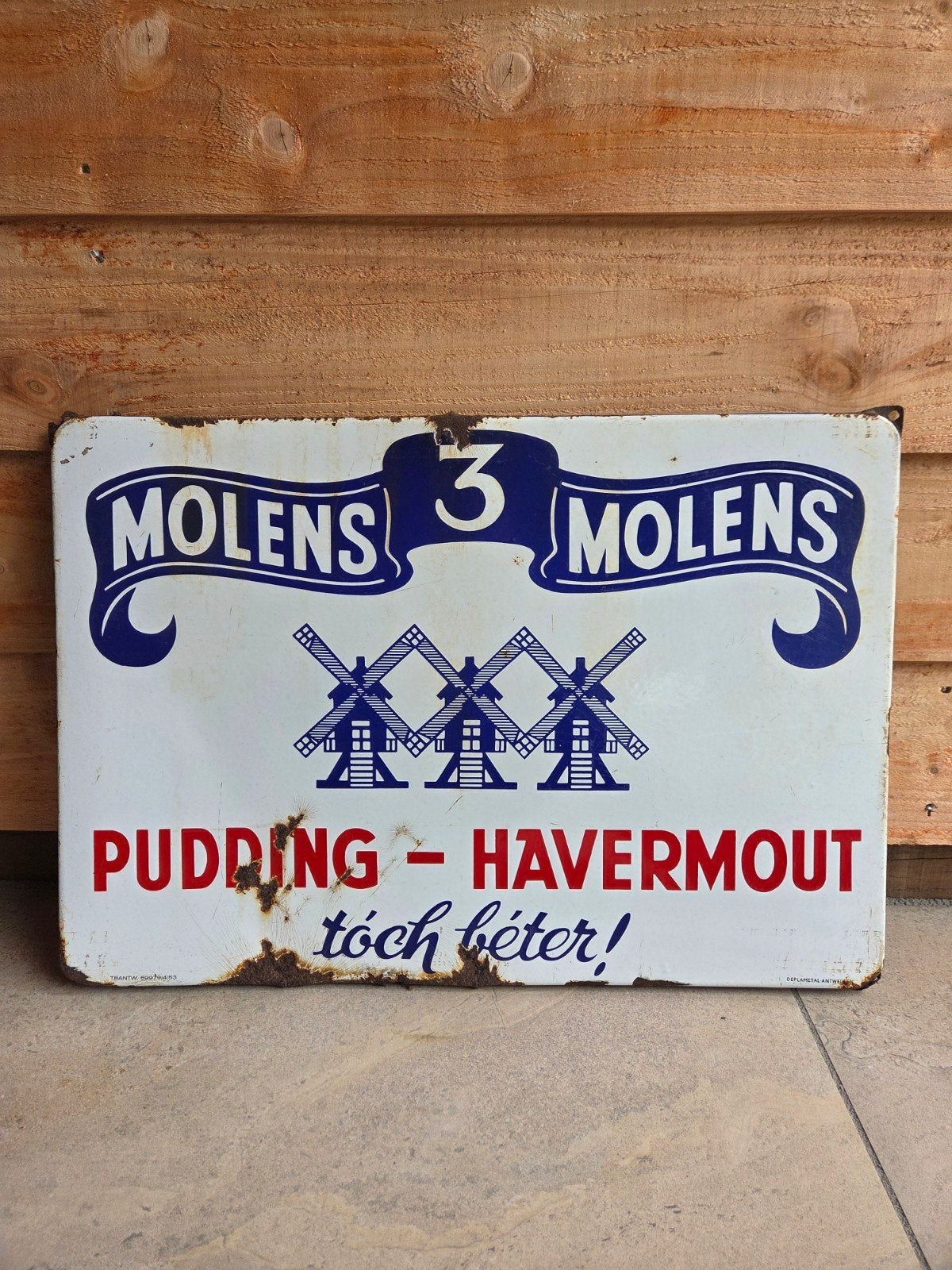 Emaille bord 3 molens pudding - havermout, Ophalen of Verzenden, Gebruikt, Reclamebord