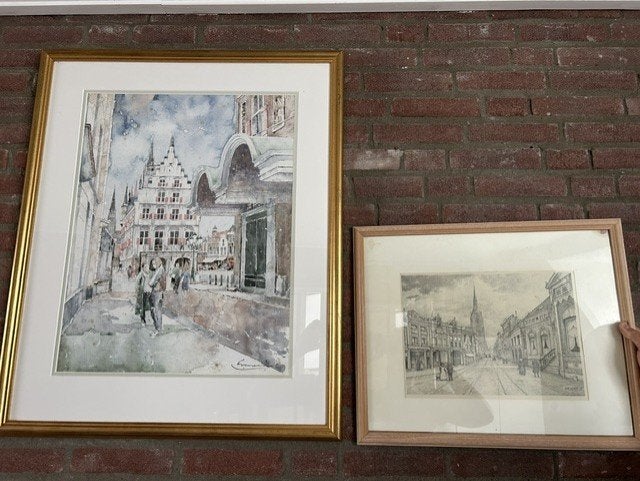 Afhalen: 2 schilderijen (oud) Gouda incl. lijst, Ophalen, Stadsgezicht