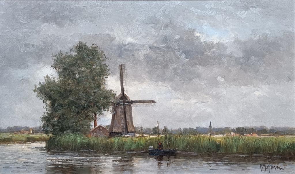 Frits Goosen. Hollands polderlandschap met molen, Antiek en Kunst, Ophalen of Verzenden