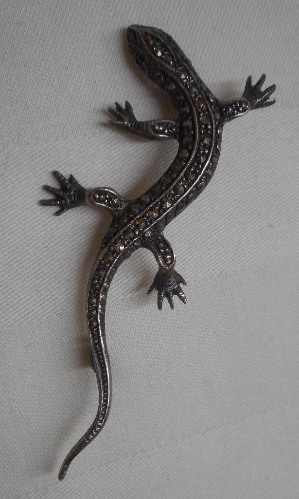 Zilveren vintage salamander broche met markasiet nr.1959, 4 tot 7 cm, Verzenden, Zo goed als nieuw, Zilver