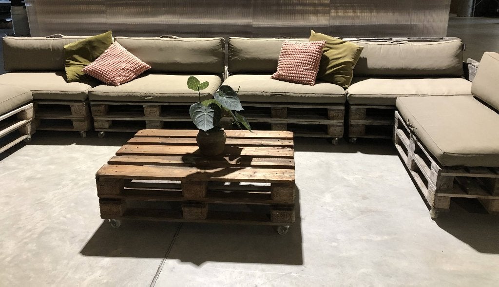 Loungeset palletbanken incl. kussens (evt. in delen te koop), Ophalen, Gebruikt, Loungeset, Hout