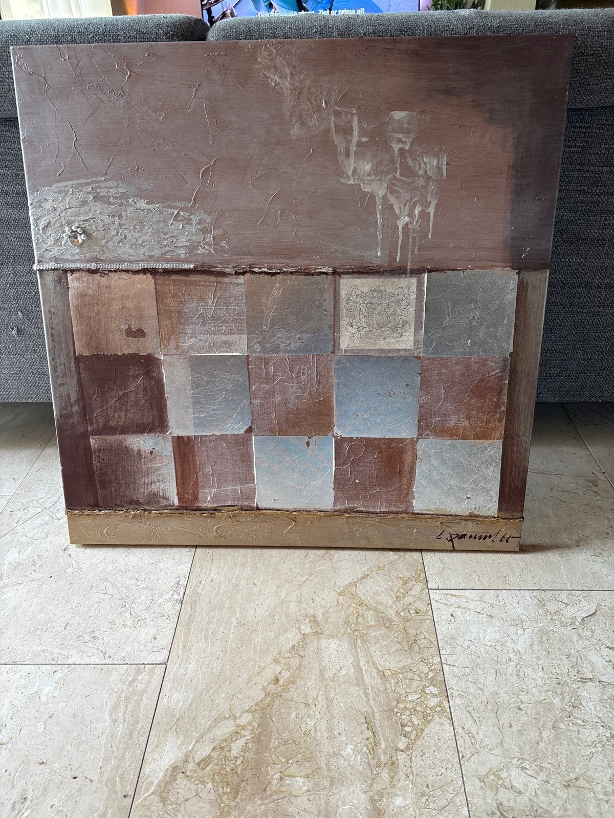 Abstract schilderij met textuur 80x80, Ophalen, Gesigneerd, Overige onderwerpen, Gemengde techniek