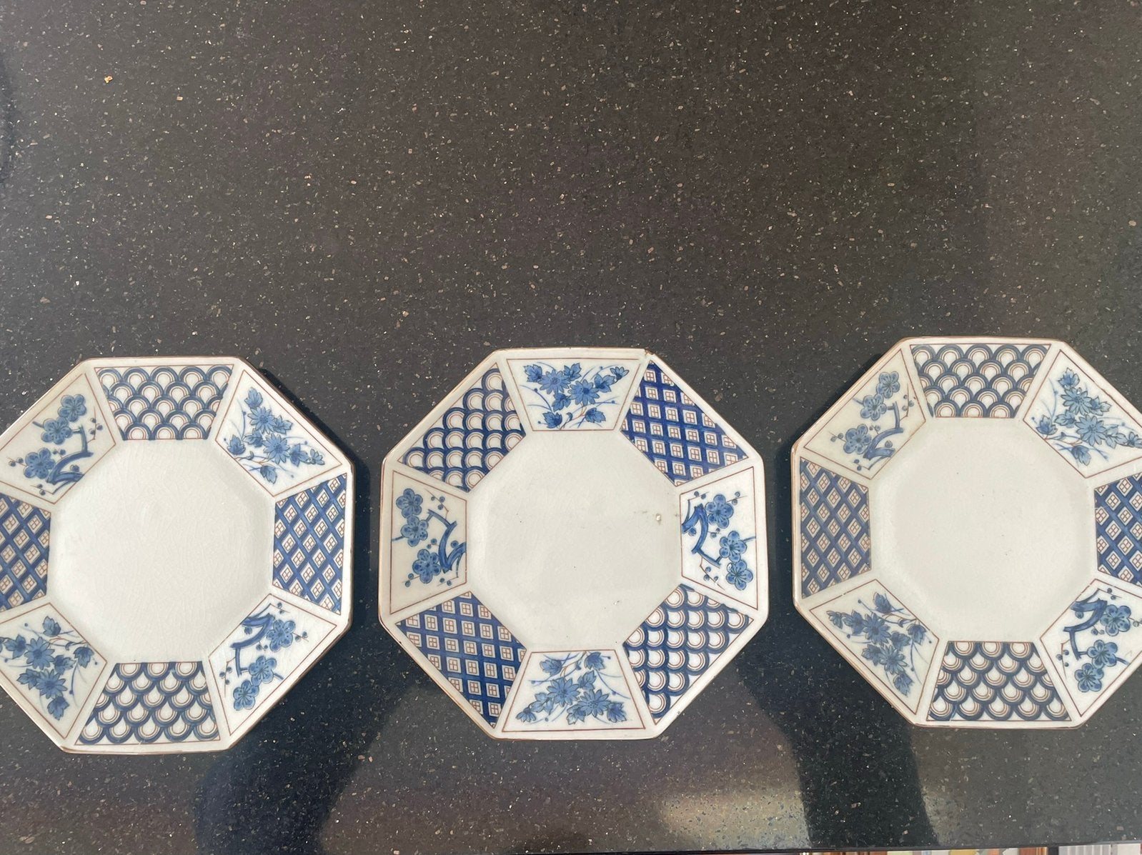3 Japans 8-hoekige borden blauw-wit, Ophalen of Verzenden