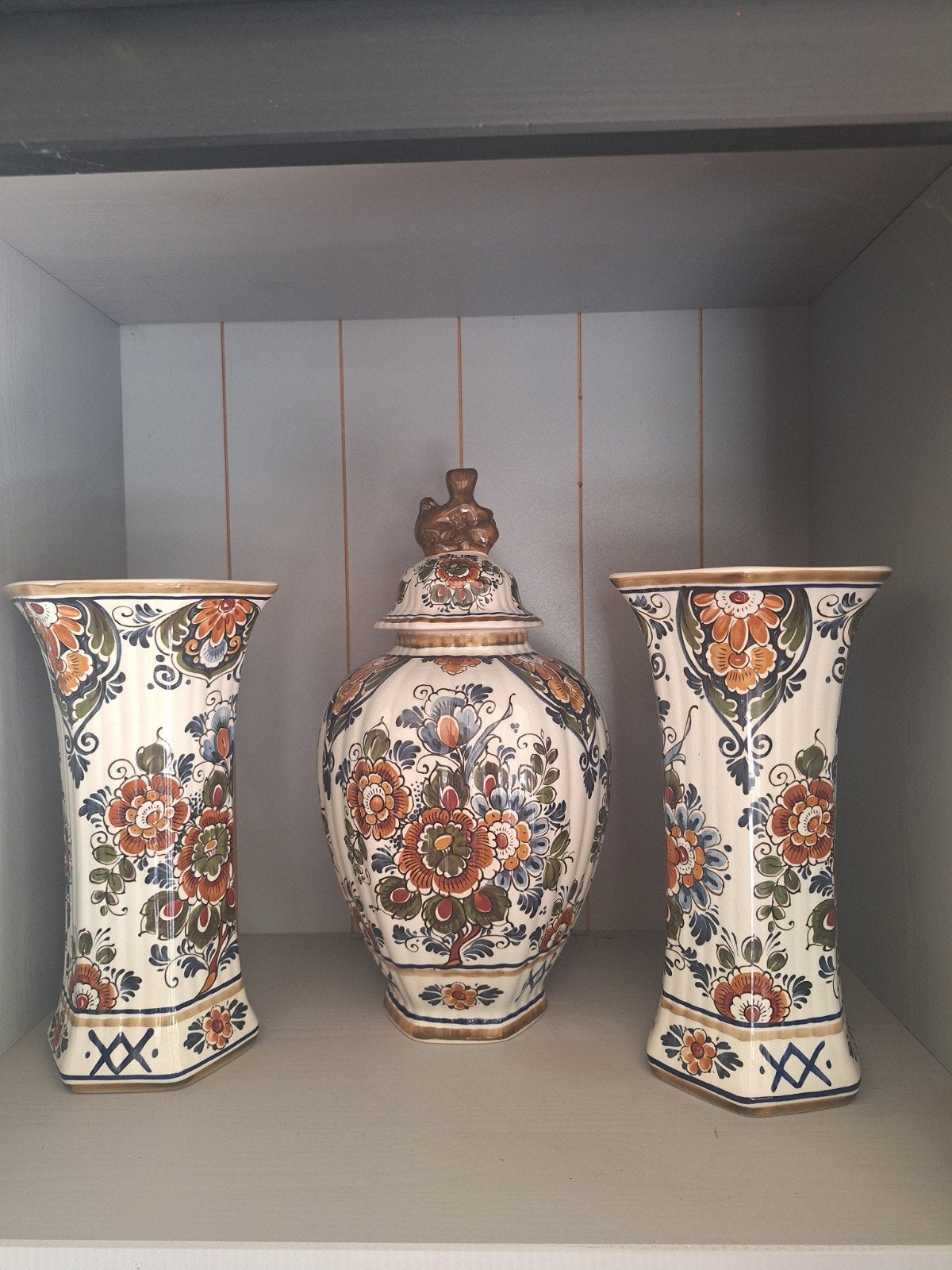 3-delige Vintage Delfts Polychroom Vazen Flora Keramiek, Antiek en Kunst, Ophalen