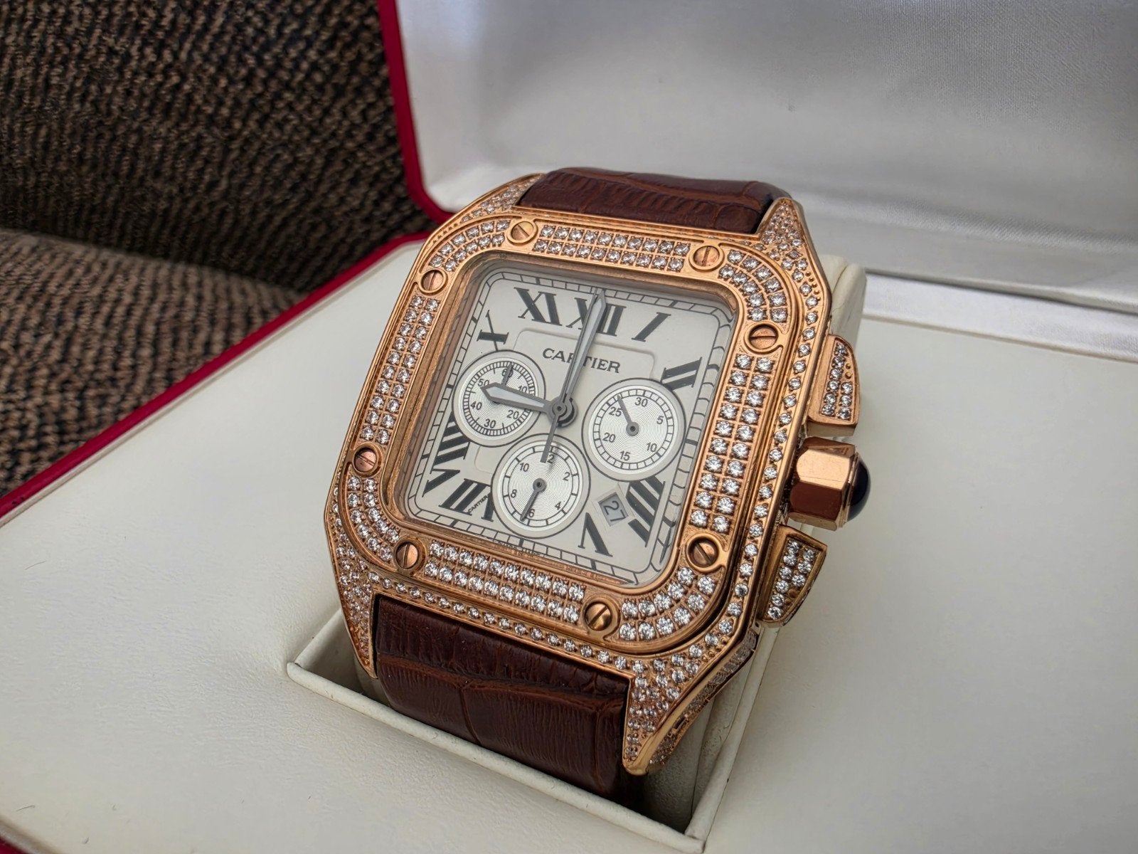 Goudkleurige Cartier Santos 100 full diamond, Ophalen of Verzenden, Leer, Overige merken