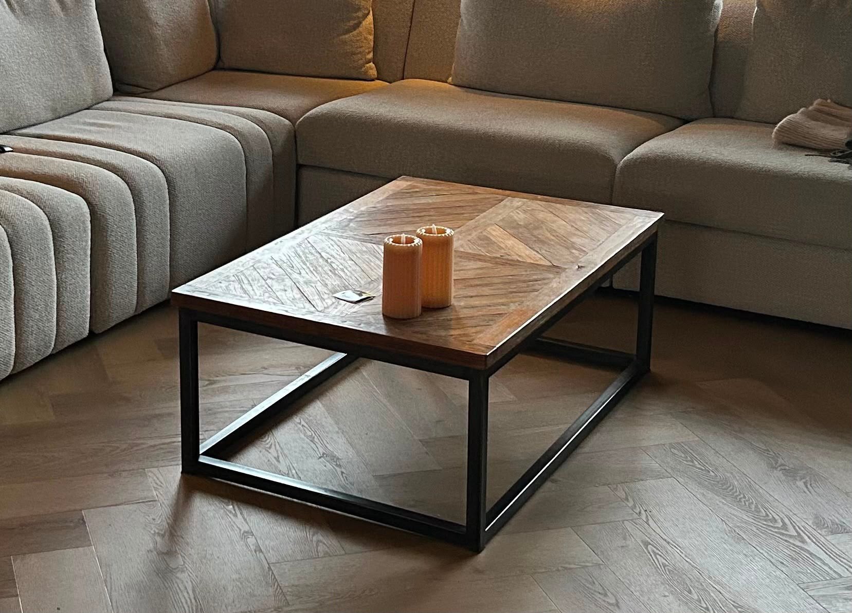 Salontafel stalen frame met houten blad, Huis en Inrichting, Tafels | Salontafels, Ophalen, 100 tot 150 cm, Teakhout, 50 tot 100 cm