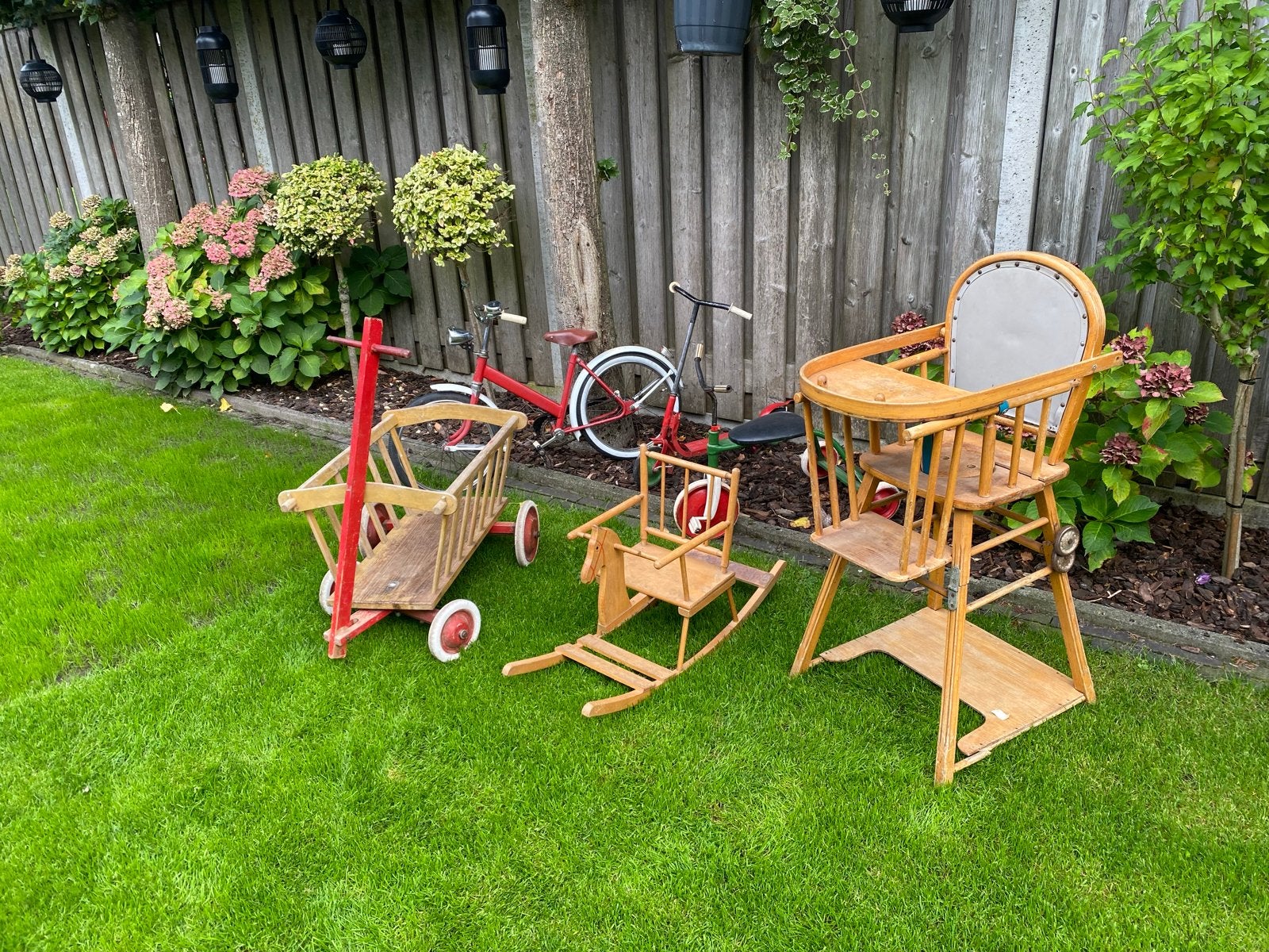 Vintage speelgoed: houten bolderkar, schommelpaard, kinderst, Ophalen, Gebruikt, Jongen of Meisje