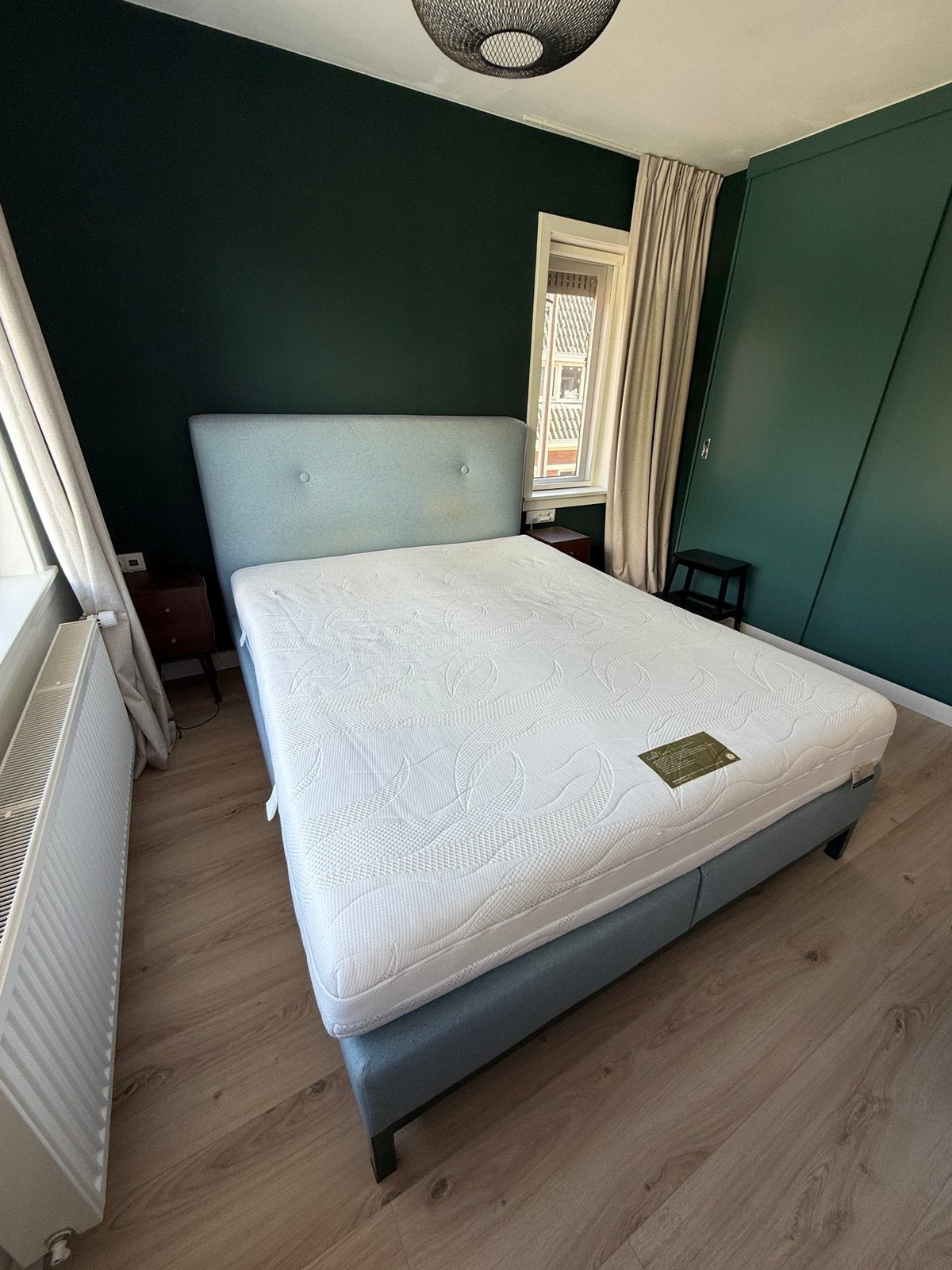 Boxspring met matras 160 bij 200, Ophalen, Gebruikt, Blauw, Tweepersoons