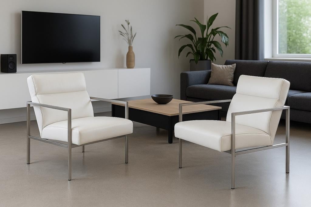 2 moderne design fauteuils / loungestoelen – wit leer & RVS, 75 tot 100 cm, Zo goed als nieuw, Stof, 50 tot 75 cm
