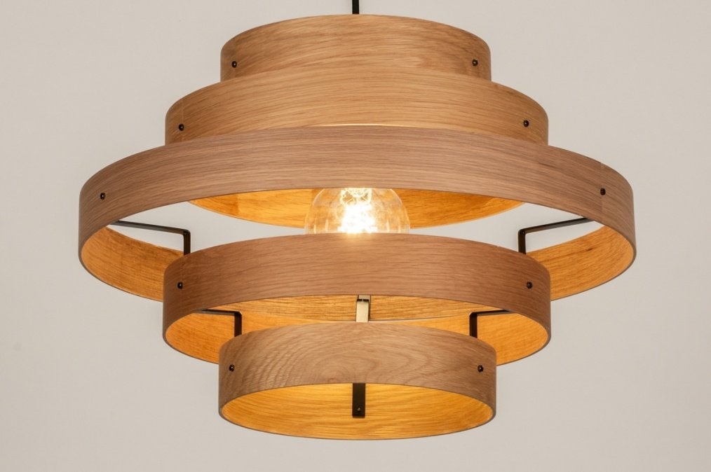 hanglamp 50cm licht hout fineer ring tafel hal eettafel lamp, Ophalen of Verzenden, Nieuw, Hout