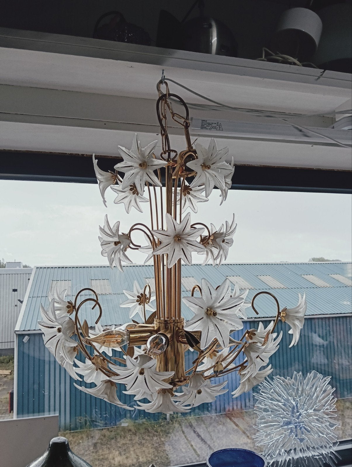 Vintage Kroonluchter met bloemen - Metaal Murano style, Ophalen, Vintage, Klassiek, Bloemmotief, Gebruikt, Onbekend