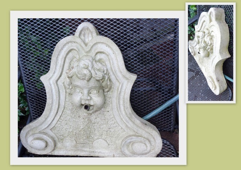 Betonnen ornament beeld fontein hangend hoofdje wat water sp, Ophalen, Gebruikt, Beton, Waterornament
