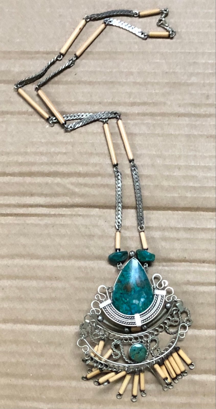 Vintage Peruaanse Filigrain Ketting met Chrysocolla, Gebruikt, Blauw, Ophalen of Verzenden, Met edelsteen