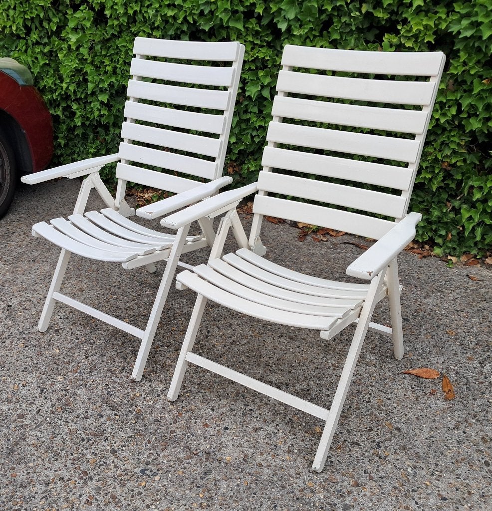 2 Antieke brocante witte beuken tuinstoelen, inklapbaar, Ophalen, Gebruikt, Hout, Verstelbaar