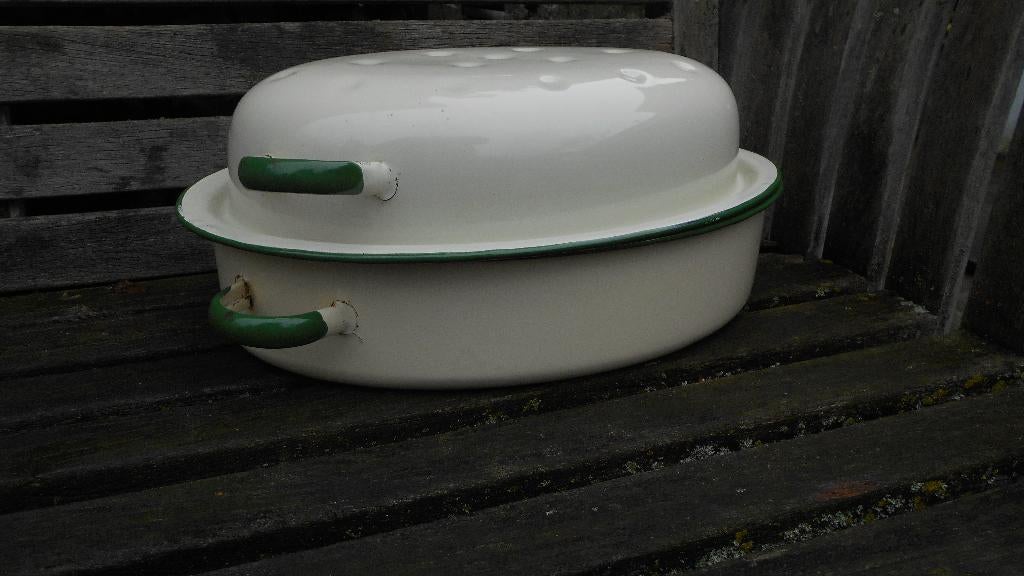 emaille schaal ovenpan vis pan creme groene bies 60-ties, Overige typen, Ophalen of Verzenden, Zo goed als nieuw, Metaal