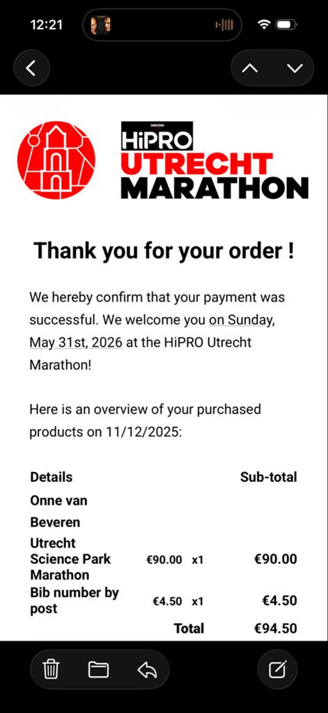 Ticket hele marathon Utrecht 31 mei, Eén persoon