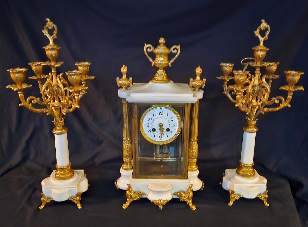 klokstel antiek schouwgarnituur glas pendule, Antiek en Kunst, Antiek | Klokken, Ophalen