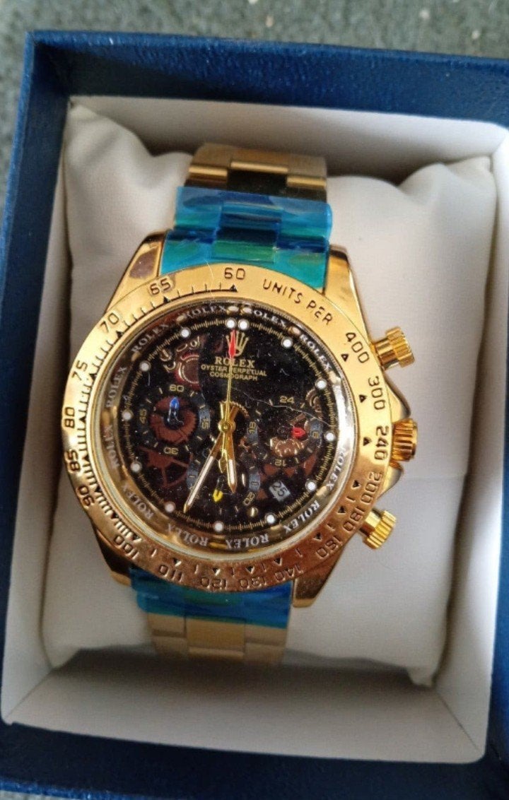 Mooie Rolex Skelet Goudkleurig met Zwarte Wijzerplaat, Staal, Polshorloge, Nieuw, Ophalen of Verzenden