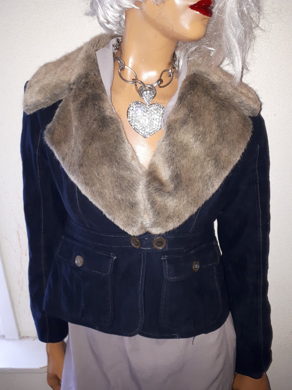Donkerblauwe jas met bontkraag Sissy-boy maat M, Maat 38/40 (M), Blauw, Ophalen of Verzenden, Zo goed als nieuw