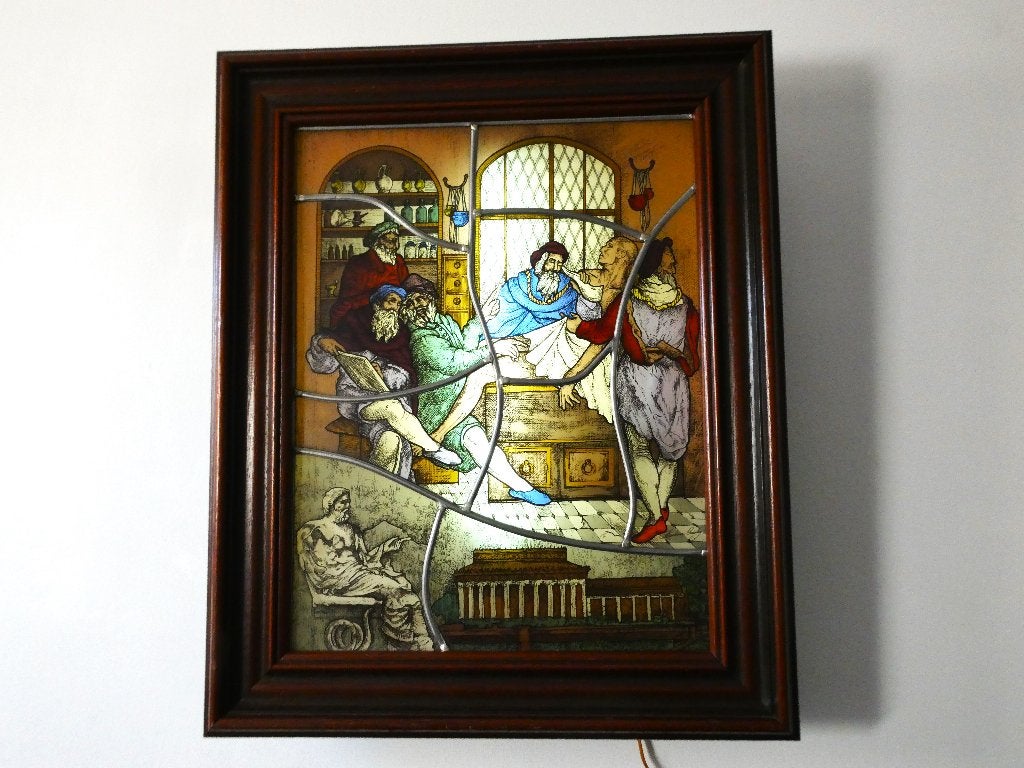 Glas in lood lichtbak lamp God Asklepios genezing gesigneerd, Ophalen