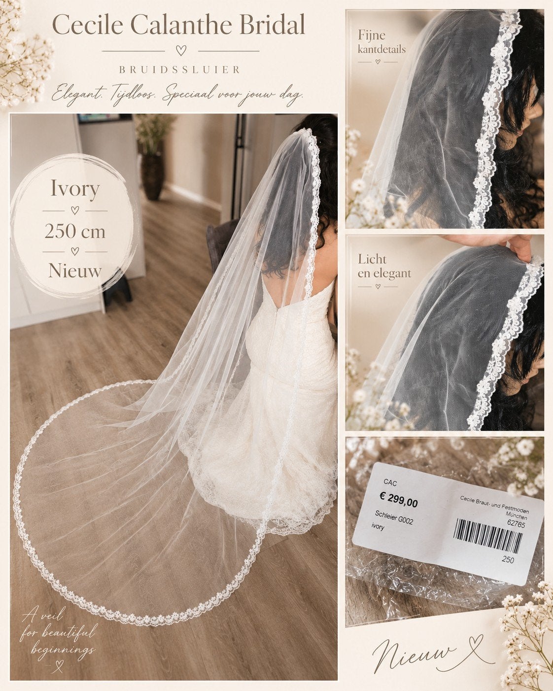 prachtige sluier spaanse mantilla ivory kant kathedraal, Ophalen of Verzenden, Nieuw, Wit, Accessoires
