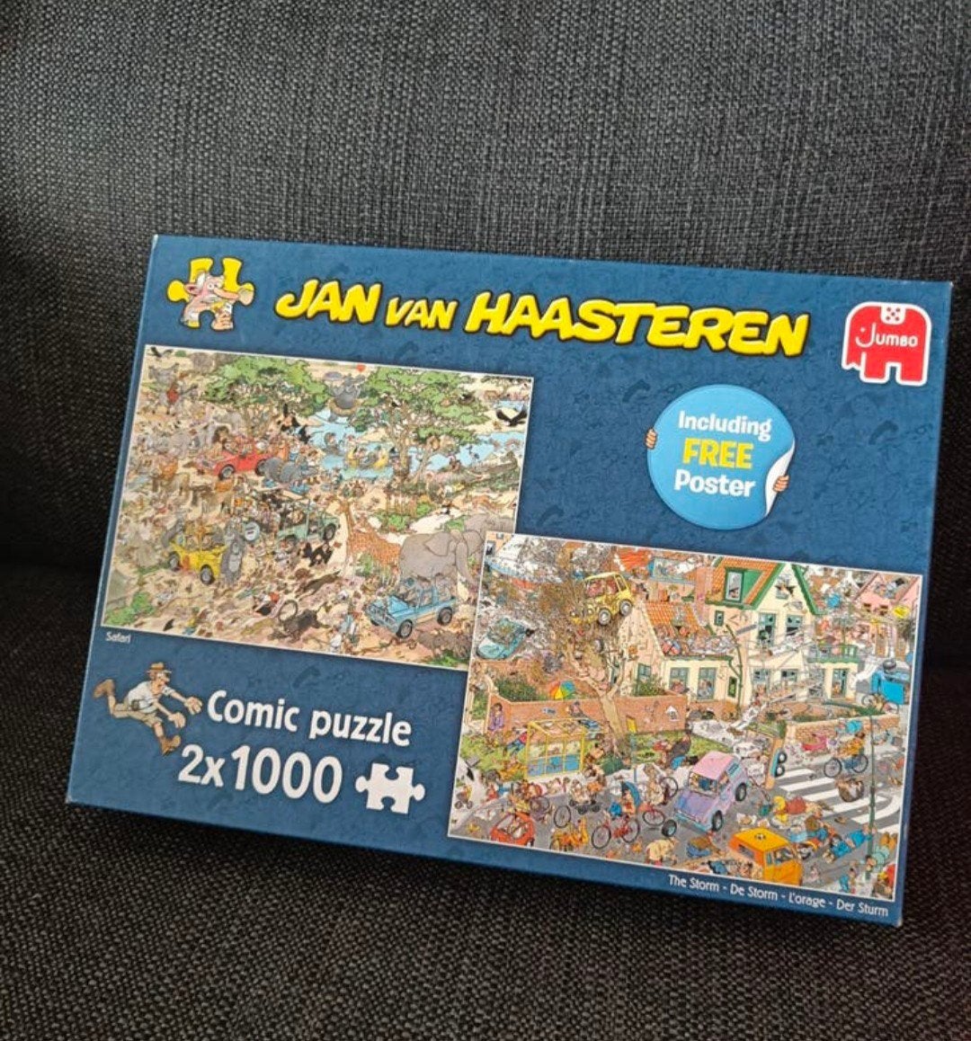 Jan van Haasteren puzzelset 2x1000 stukjes: Safari/de storm, Ophalen of Verzenden, 500 t/m 1500 stukjes, Zo goed als nieuw, Legpuzzel