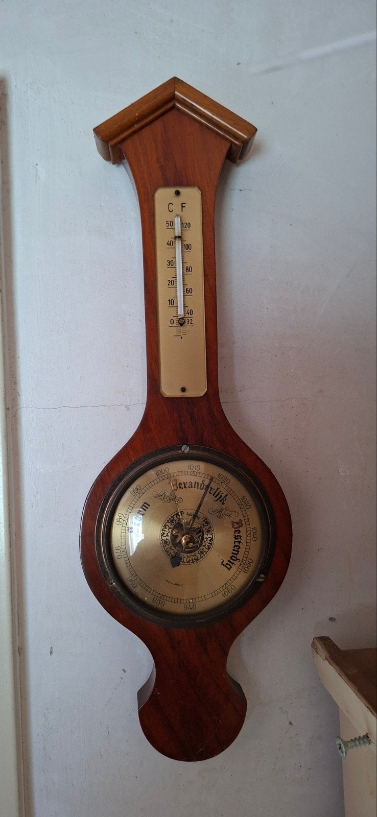 Antieke Weerstation met Barometer en Thermometer, Audio, Tv en Foto, Weerstations en Barometers, Ophalen of Verzenden, Gebruikt