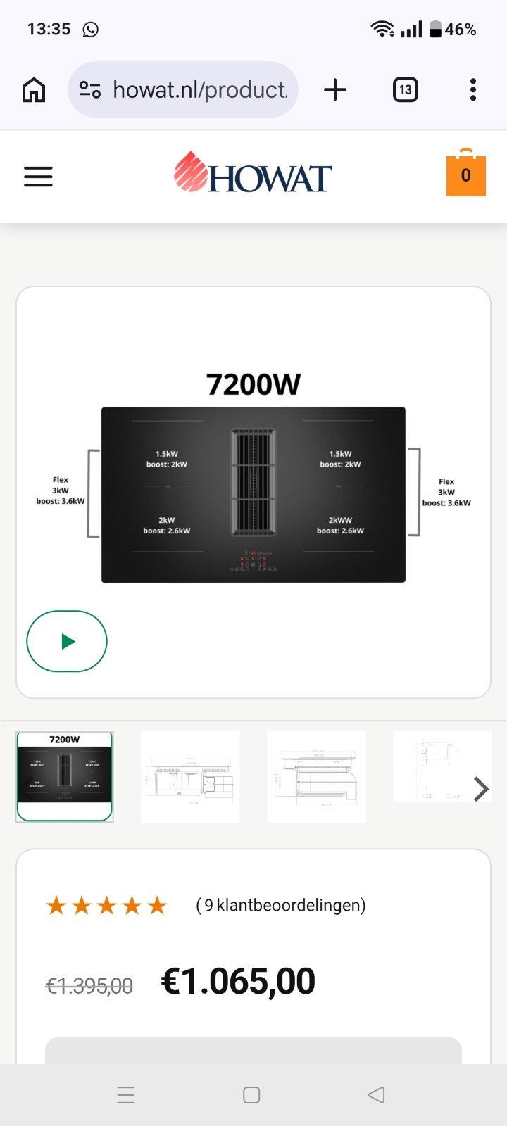 matte inductie kookplaat 72 cm merk howat, Ophalen, Nieuw, 4 kookzones, Inbouw